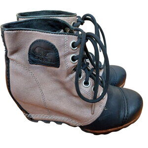 Sorel Women's Lace Up Wedge Ankle Boots Brown Black Canvas Leather Size 6.5